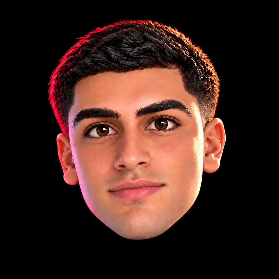 Floating 3D illustrated head of Taofik Muhriz